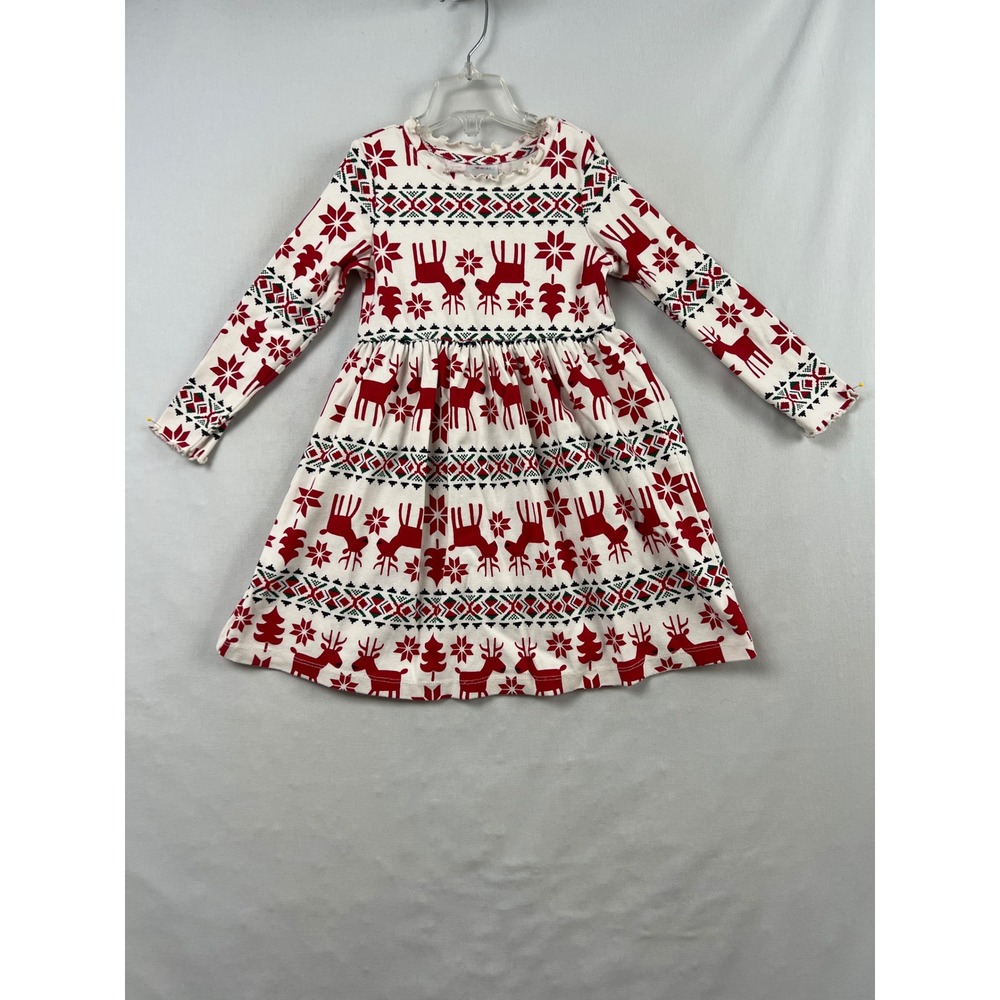 Hanna Andersson Dress Kids Size 4 White Red Reindeer Snowflake Fair Isle Holiday